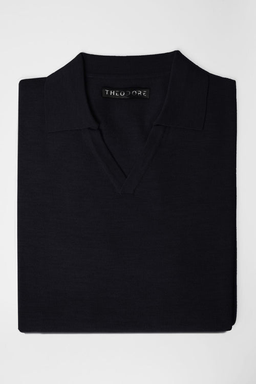 3J Whisky Shot Polo in black, folded flat lay with open collar