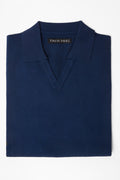 3J Whisky Shot Polo in blue, folded flat lay showing the open collar and label