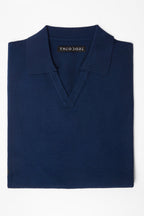 3J Whisky Shot Polo in blue, folded flat lay showing the open collar and label