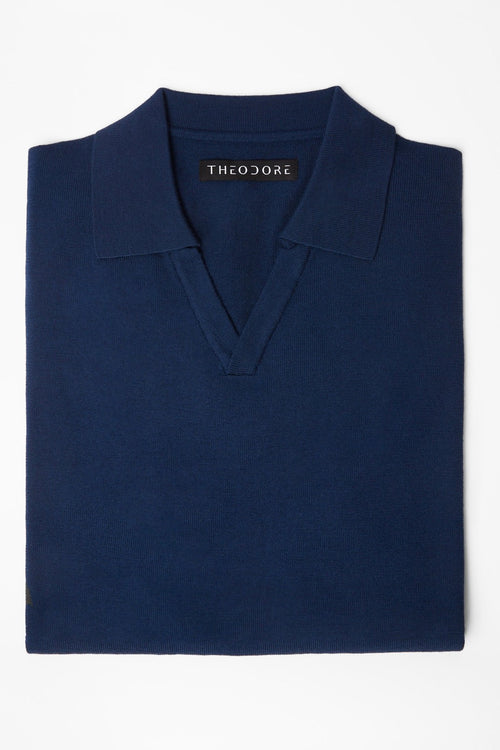3J Whisky Shot Polo in blue, folded flat lay showing the open collar and label