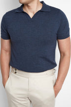 3J Whisky Shot Polo in blue, cropped torso view styled with cream trousers