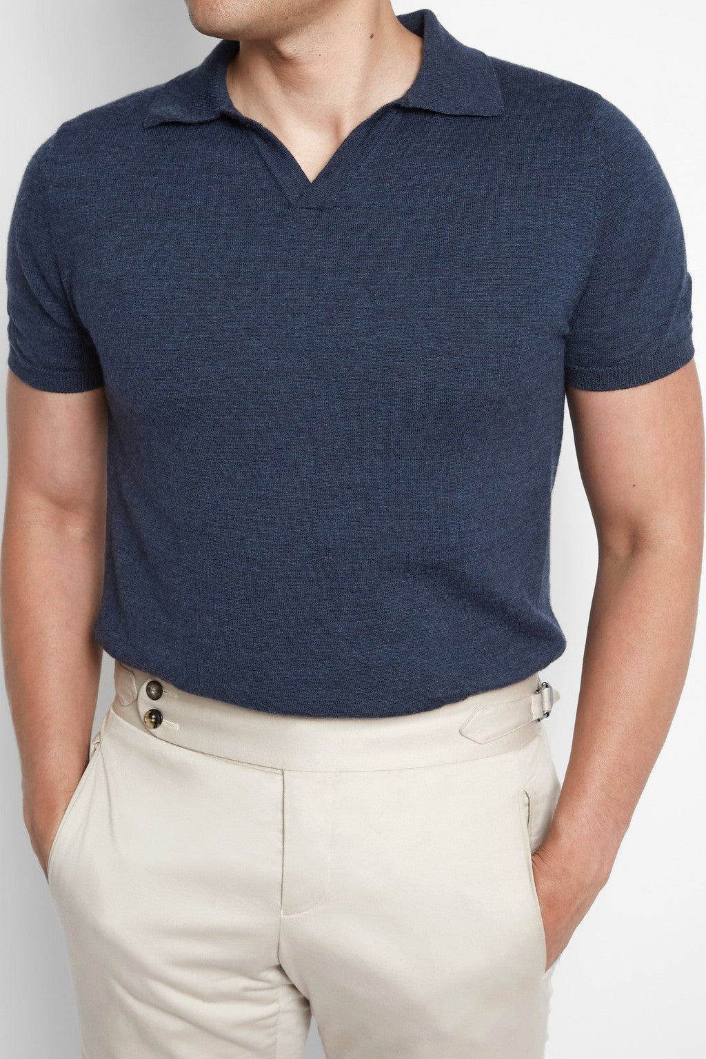 3J Whisky Shot Polo in blue, cropped torso view styled with cream trousers