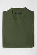 3J Whisky Shot Polo in moss green, folded flat lay with open collar