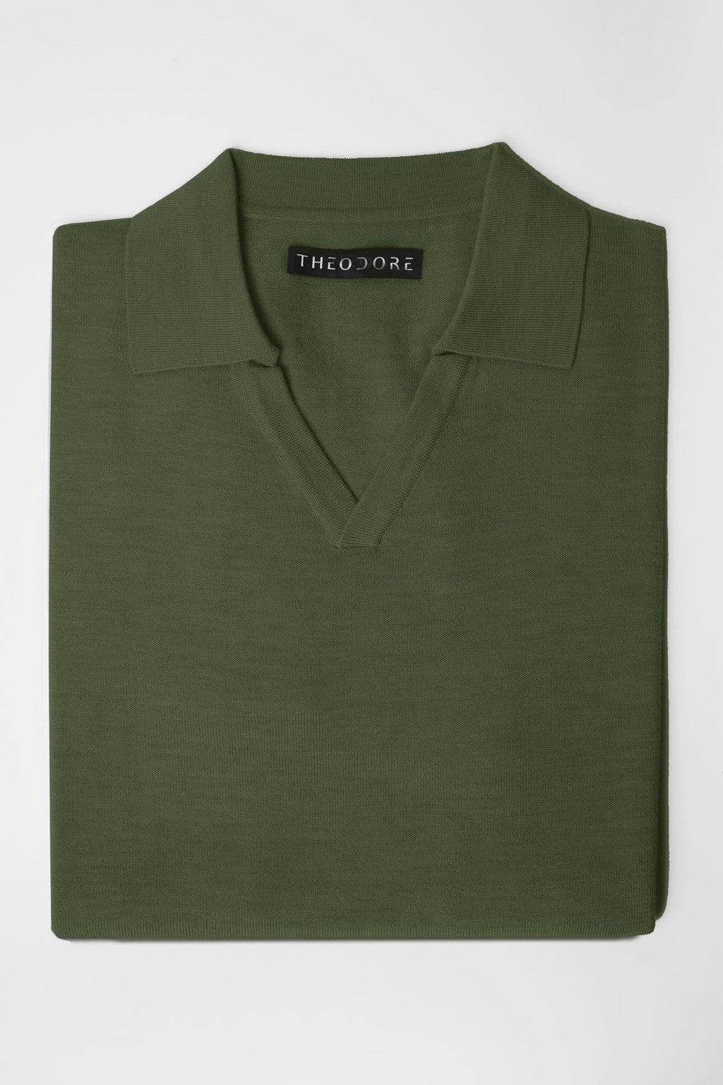 3J Whisky Shot Polo in moss green, folded flat lay with open collar