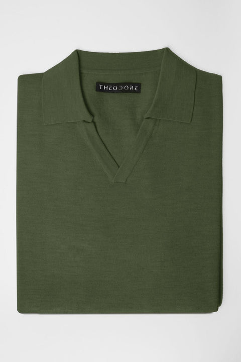 3J Whisky Shot Polo in moss green, folded flat lay with open collar