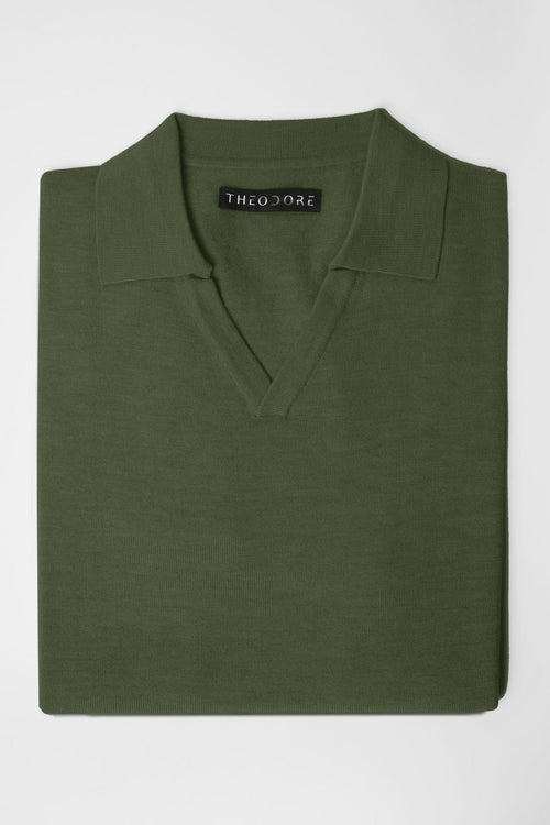 3J Whisky Shot Polo in moss green, folded flat lay with open collar