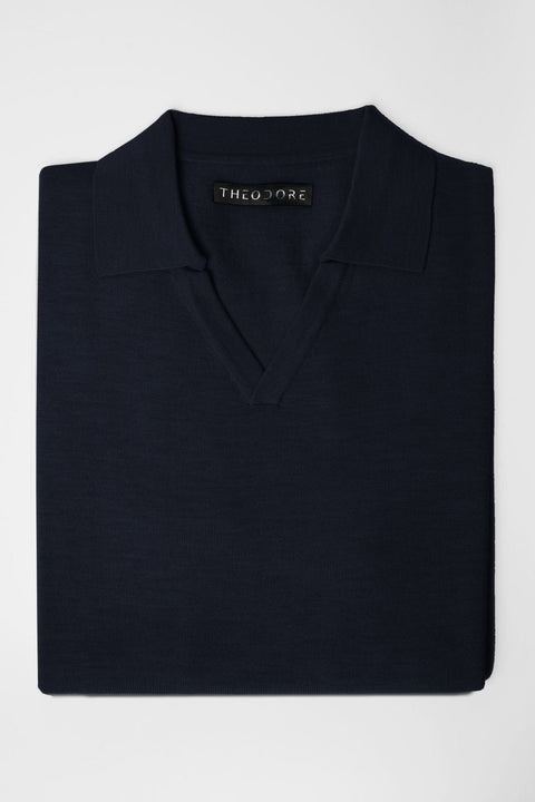 3J Whisky Shot Polo in navy, folded flat lay with open collar