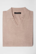 3J Whisky Shot Polo in oat, folded flat lay showing the open collar and label