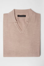 3J Whisky Shot Polo in oat, folded flat lay showing the open collar and label