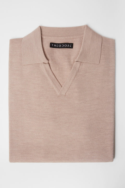 3J Whisky Shot Polo in oat, folded flat lay showing the open collar and label