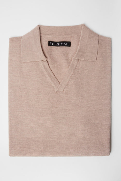 3J Whisky Shot Polo in oat, folded flat lay showing the open collar and label