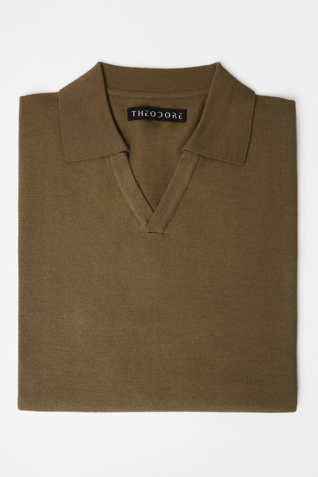 3J Whisky Shot Polo Olive folded flat showing the open collar