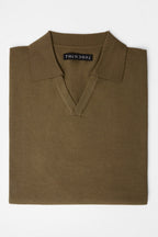 3J Whisky Shot Polo Olive folded flat showing the open collar