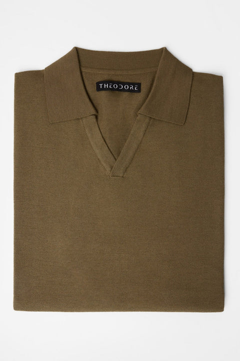 3J Whisky Shot Polo Olive folded flat showing the open collar