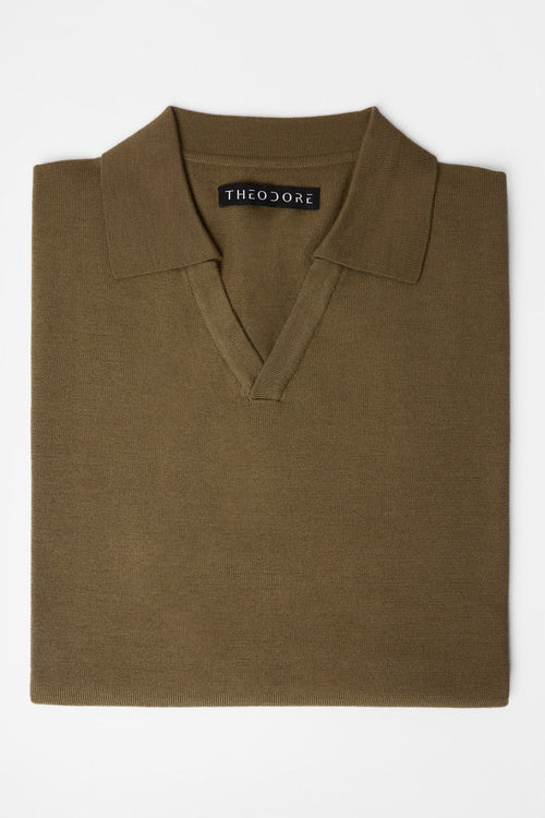 3J Whisky Shot Polo Olive folded flat showing the open collar