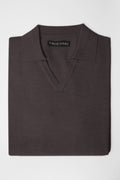 3J Whisky Shot Polo in taupe, folded flat lay with open collar