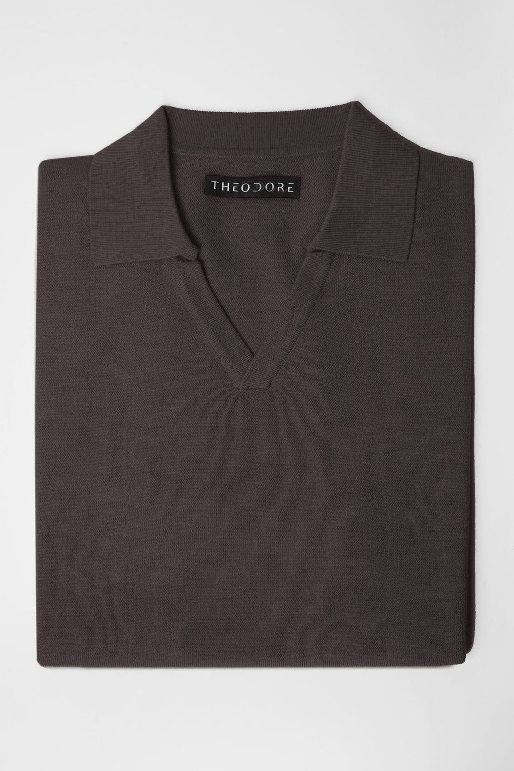 3J Whisky Shot Polo in taupe, folded flat lay with open collar
