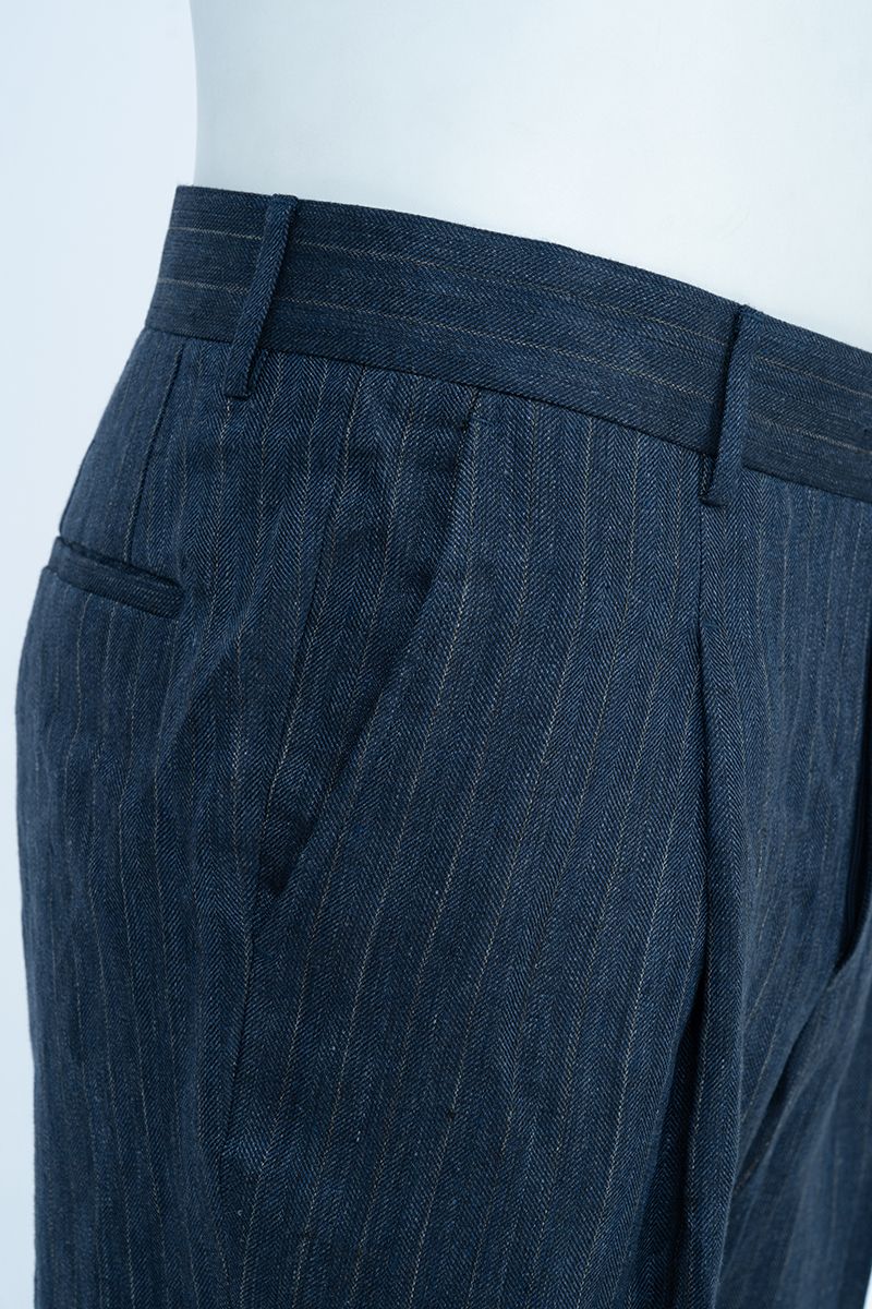 THEODORE Navy Lightweight Striped Linen Trousers, view 7 of 8