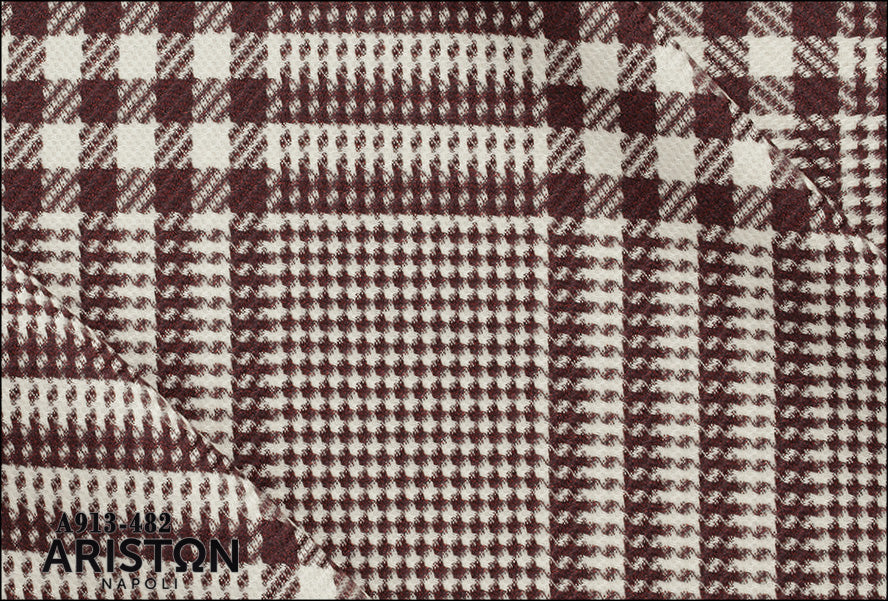 Rue Meynadier Burgundy Suit, close-up of the burgundy and cream check fabric