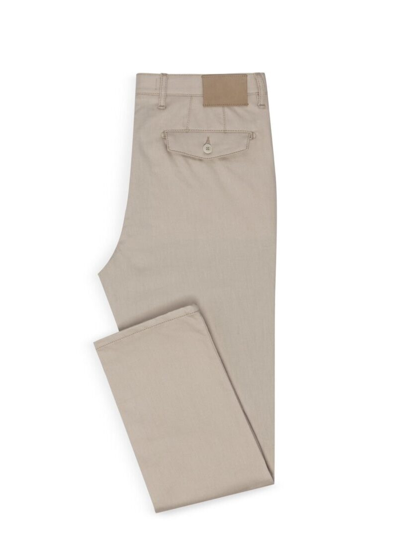 Sand Stretch Chinos folded flat on a plain background, back pocket showing