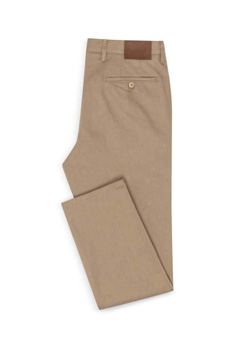 Khaki Stretch Cotton Chinos folded flat with back pocket showing