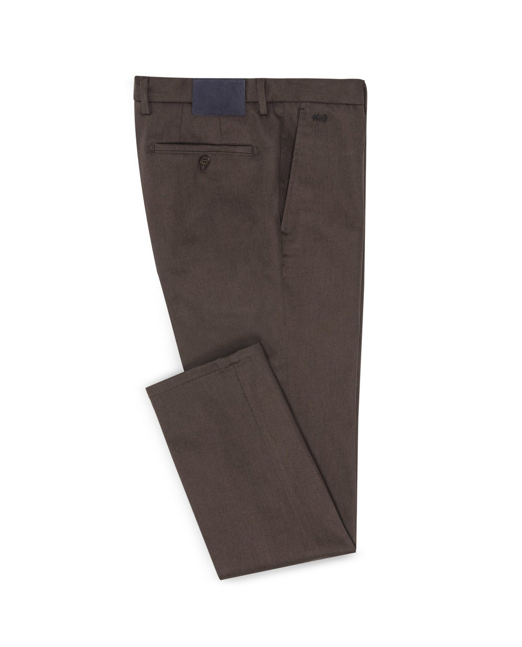 Dark Brown Twill Stretch Pants folded flat with back pocket showing