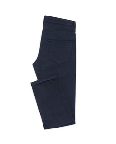 Dark Blue Twill Stretch Jeans, flat lay side view showing the back pocket