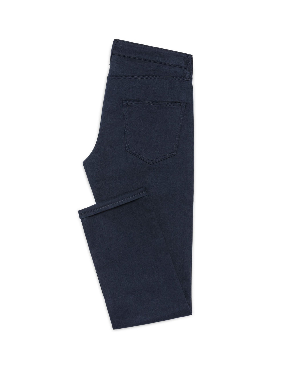 Dark Blue Twill Stretch Jeans, flat lay side view showing the back pocket