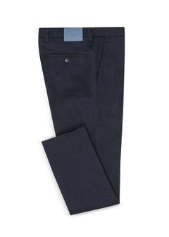Midnight Blue Twill Stretch Chinos folded flat lay showing the back button pocket