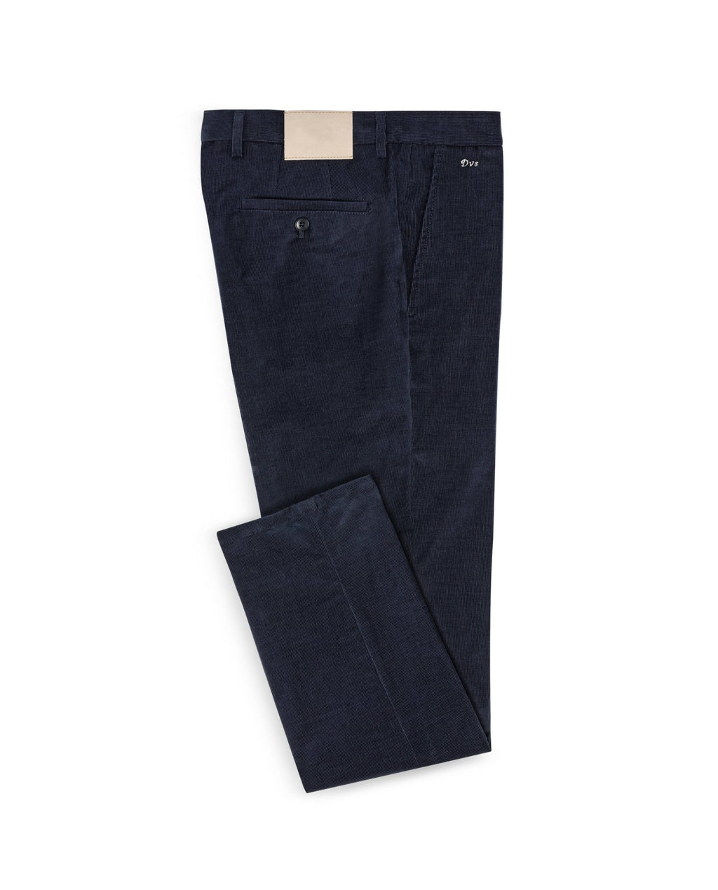 Navy Corduroy Stretch Pants, folded flat lay on a plain background