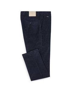 Navy Corduroy Stretch Pants, folded flat lay on a plain background