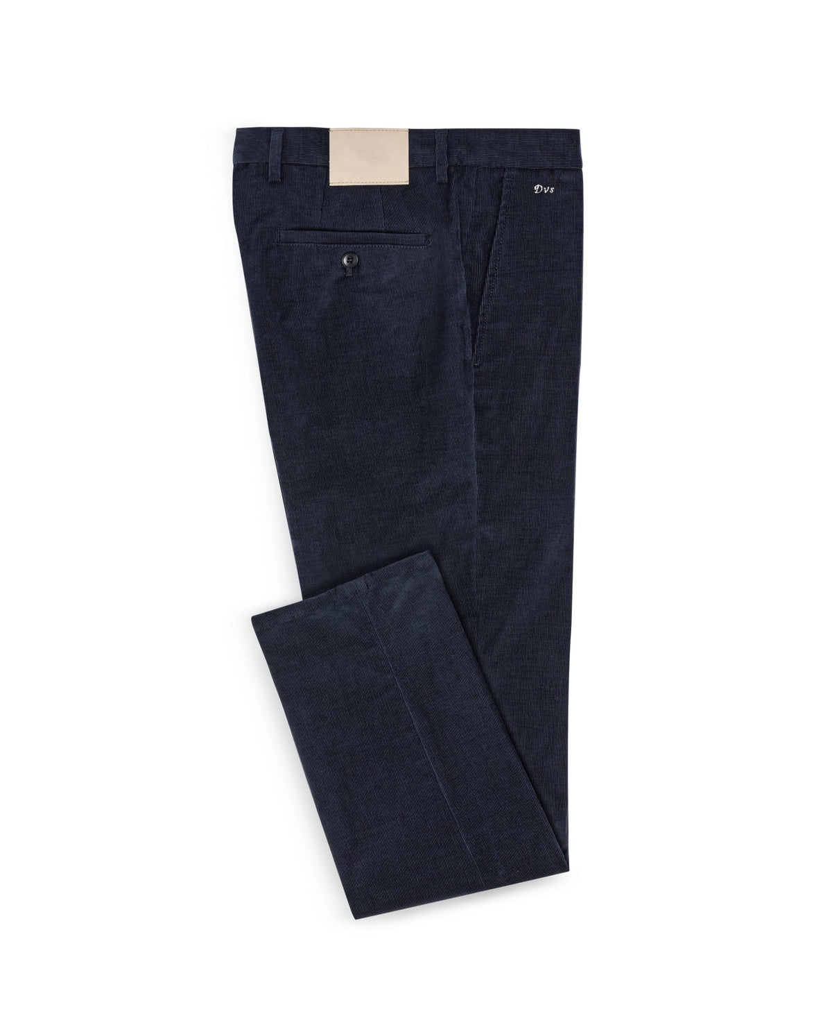 Navy Corduroy Stretch Pants, folded flat lay on a plain background