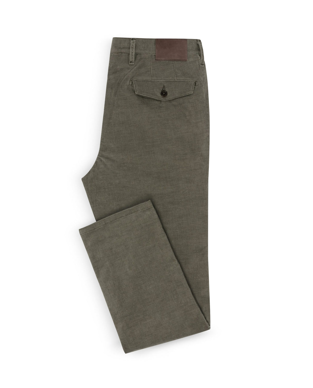 Dusty Olive Corduroy Stretch Pants, folded flat lay showing the back flap pocket