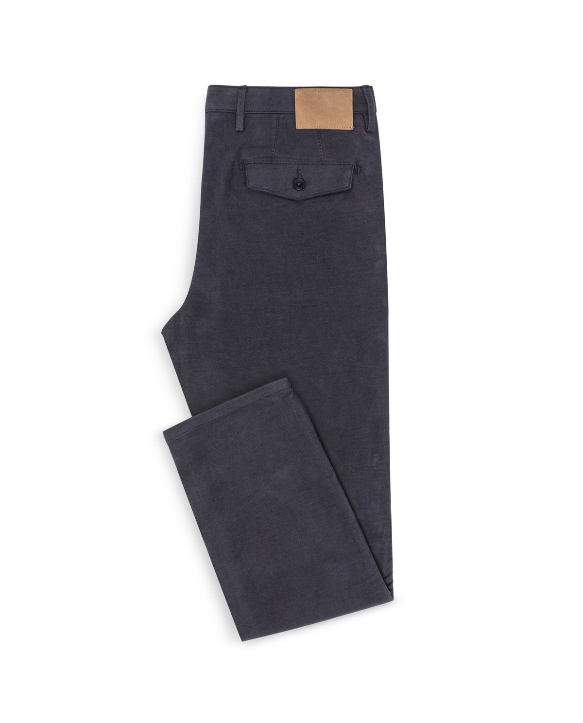 Midnight Blue Moleskin Stretch Pants, folded flat lay showing the back pocket
