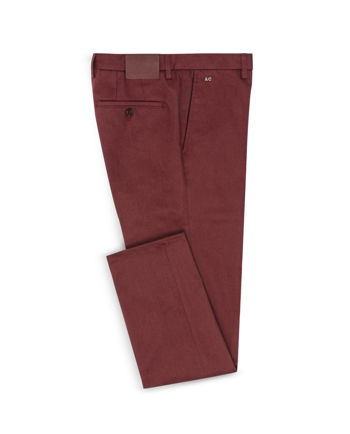 Wine Red Twill Stretch Pants, folded flat lay on a plain background