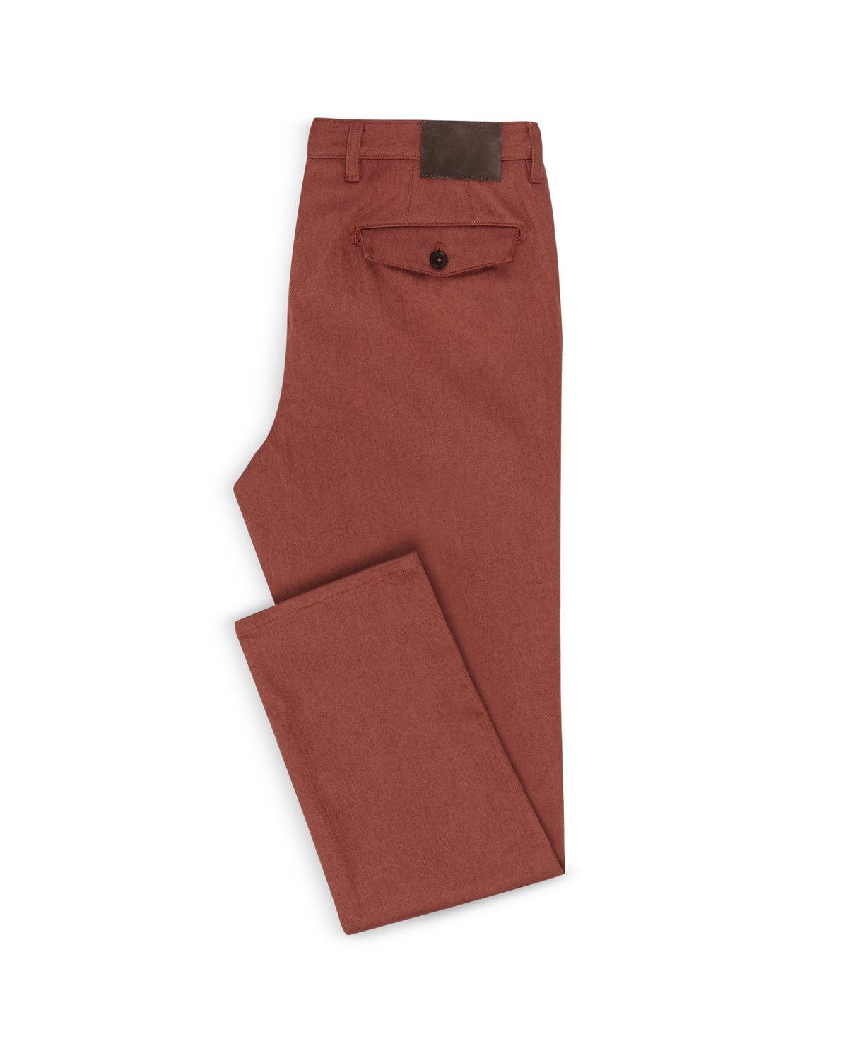 Brick Red Twill Stretch Pants in a flat lay, back view showing the button pocket