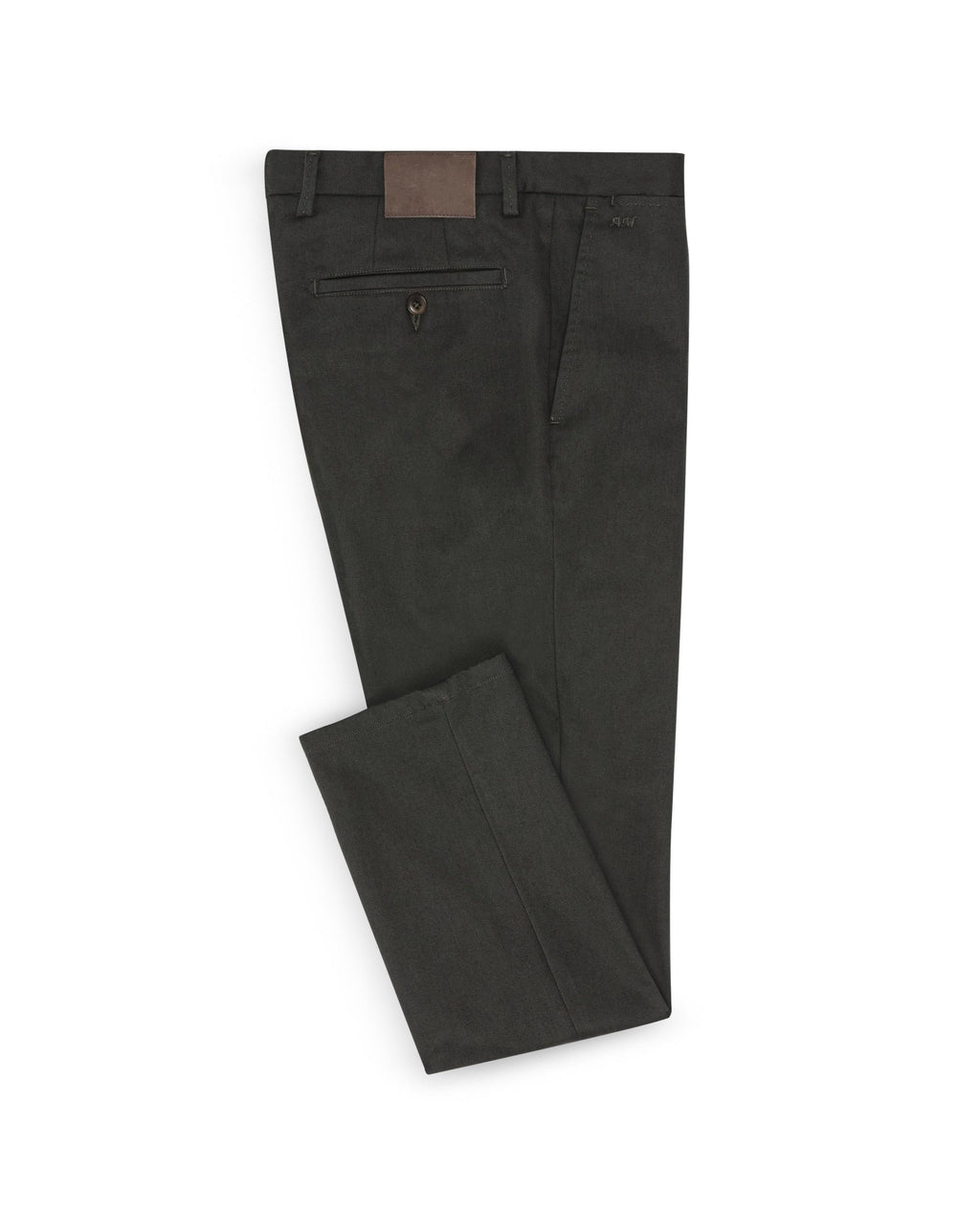 Bottle Green Twill Stretch Pants in a flat lay, back view showing the waistband