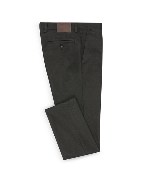 Bottle Green Twill Stretch Pants in a flat lay, back view showing the waistband