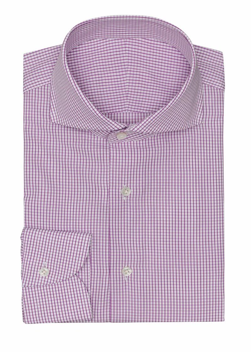 Lilac Mini Check Shirt folded flat, showing the collar and cuff