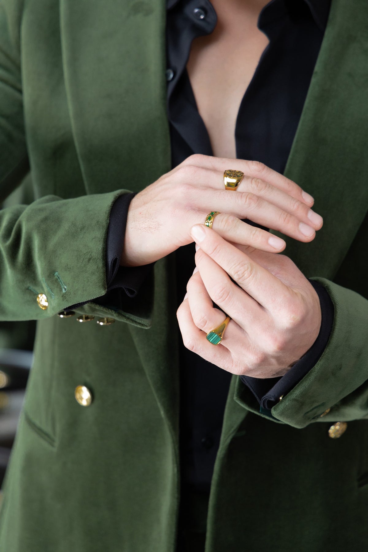 Retro Emerald Velvet Tuxedo, close-up of clasped hands and cuff buttons
