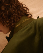Retro Emerald Velvet Tuxedo, close-up of embroidered lettering on the collar