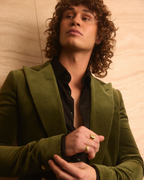 Retro Emerald Velvet Tuxedo, close-up worn open over a black shirt