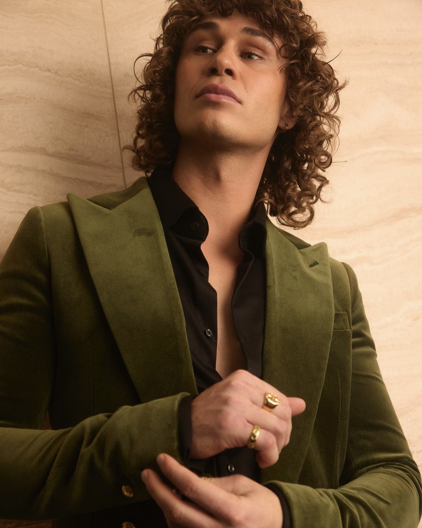 Retro Emerald Velvet Tuxedo, close-up worn open over a black shirt