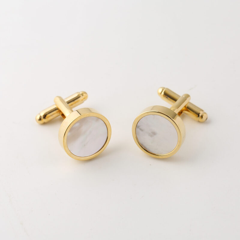Gold Classic Round Cufflinks with a round pearlescent white face, pair shown