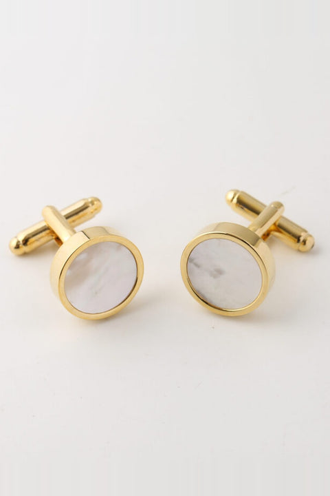 Gold Classic Round Cufflinks with a round pearlescent white face, pair shown