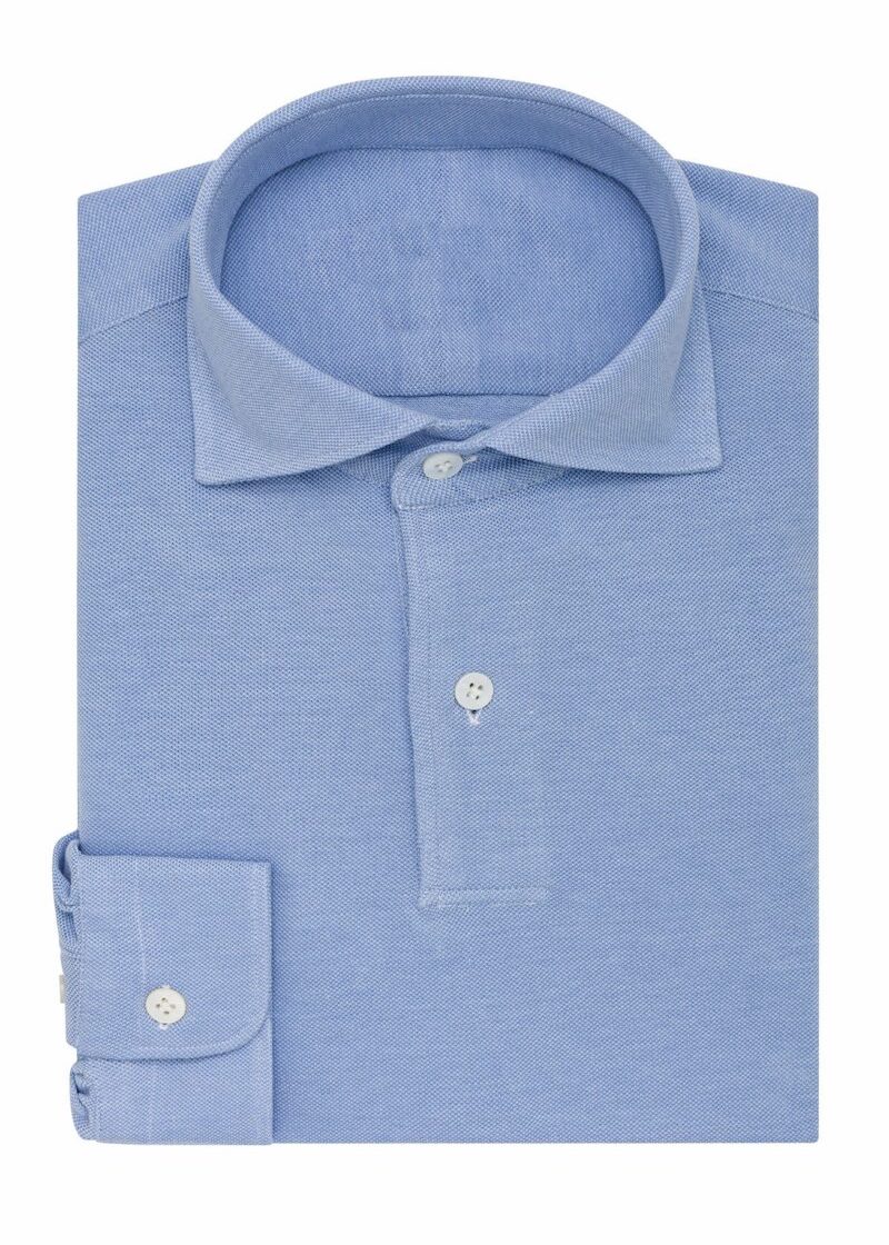 Mid Blue Popover Shirt folded flat, showing the collar and placket