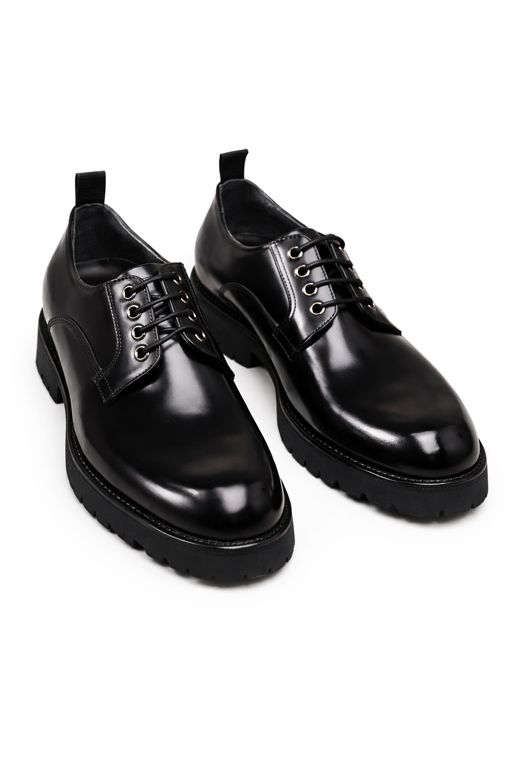The Barmani Thick-Soled Business Black Derby pair, angled view on a plain background