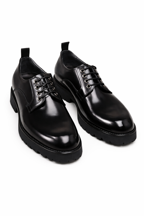 The Barmani Thick-Soled Business Black Derby pair, angled view on a plain background