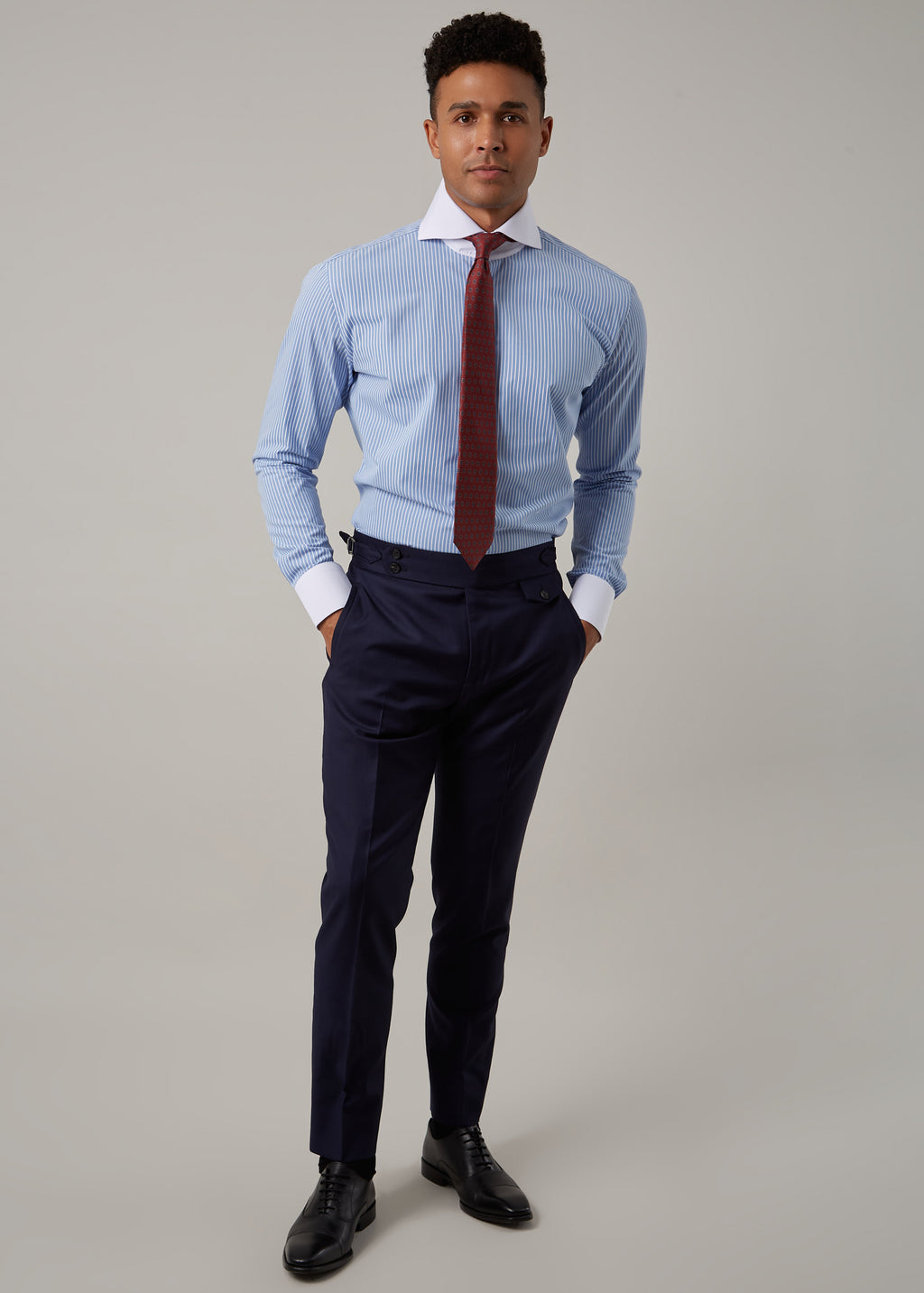 Sapphire Striped Banker's Shirt worn with a burgundy tie, full-length front view