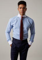 Sapphire Striped Banker's Shirt worn with a burgundy tie, cropped front view